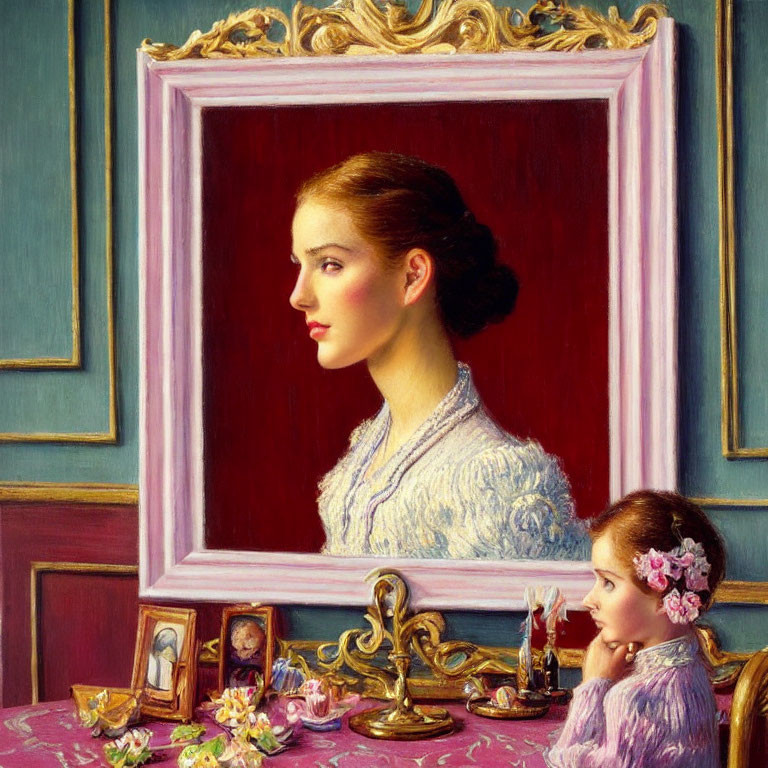 Young girl in purple dress admires framed portrait on table with brass lamp.