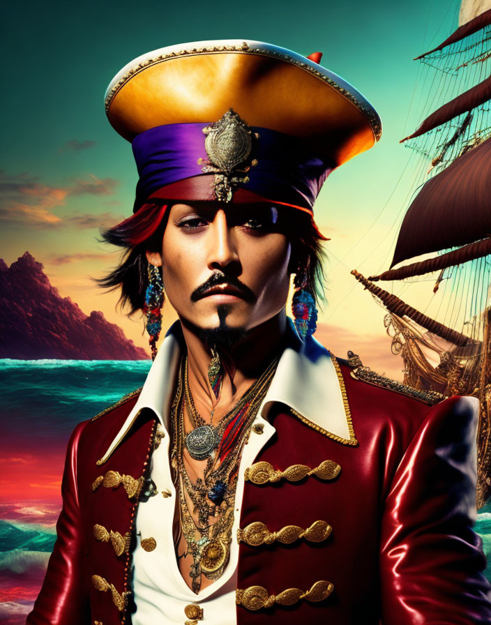 Illustrated pirate captain with beard in tricorn hat and jewelry on ship backdrop.