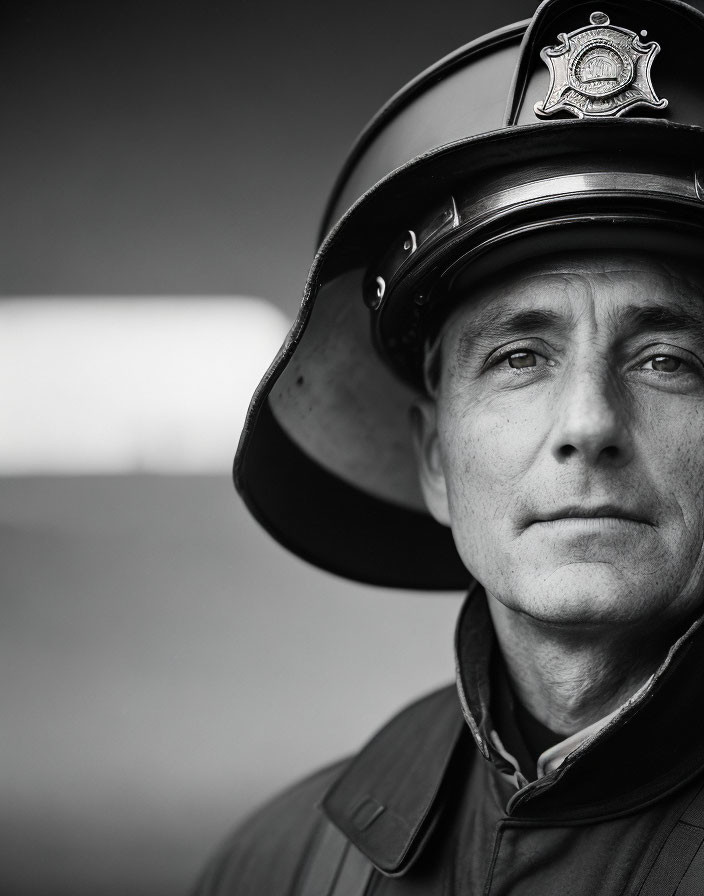 Monochrome portrait of firefighter in uniform and helmet