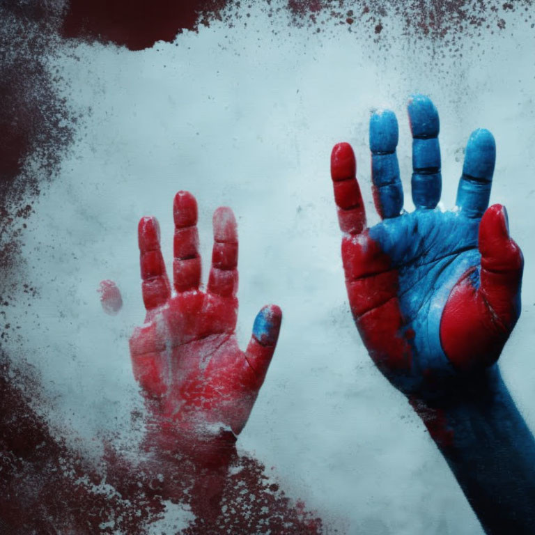 Hands covered in blue and red paint on speckled white and crimson background.