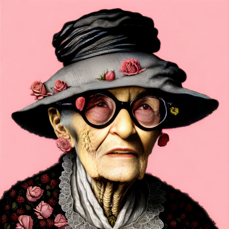 Elderly woman in round glasses and floral hat on pink background