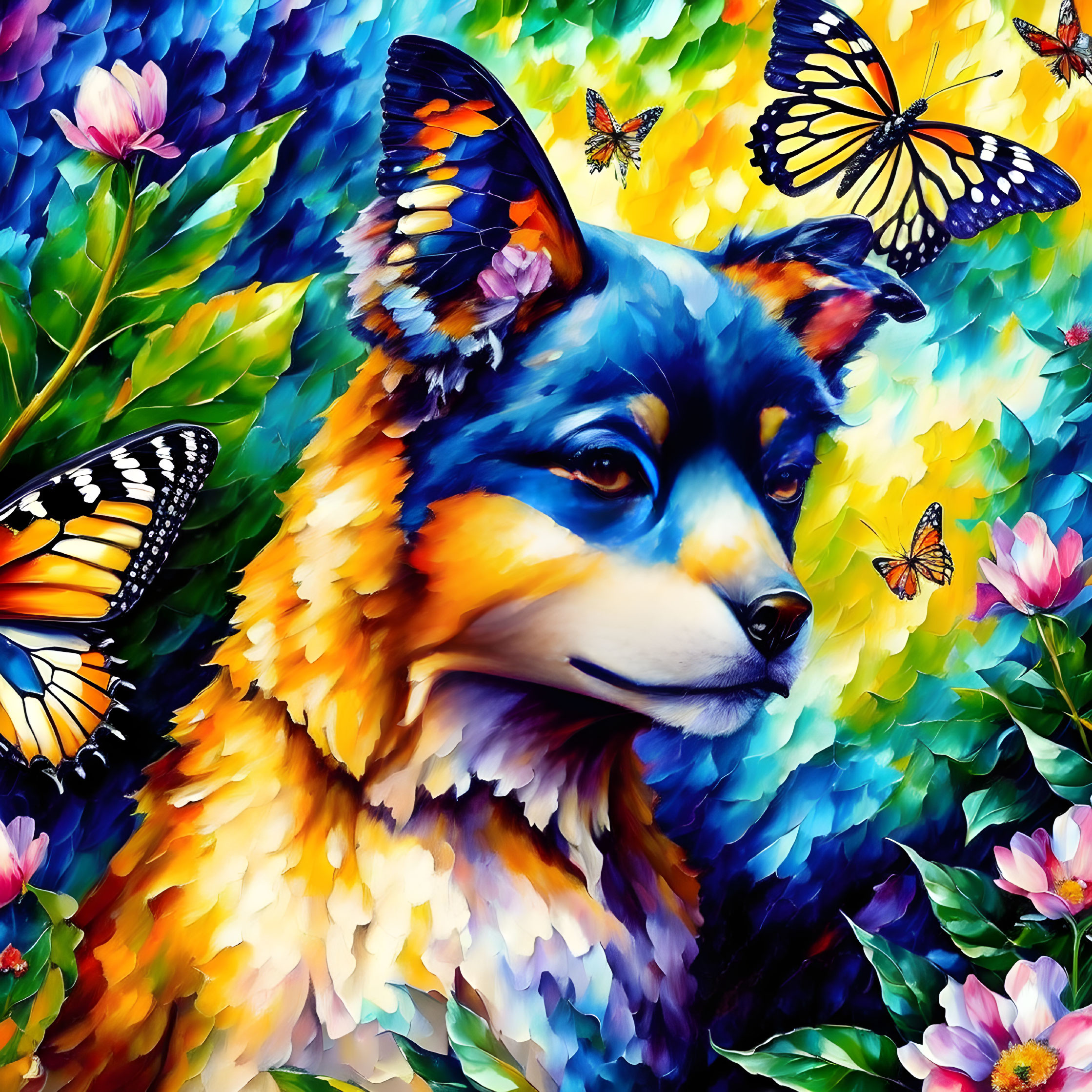 Colorful Fox with Butterflies and Flowers in Vibrant Painting