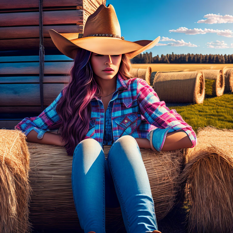 Purple-haired person in cowboy hat on hay bales with plaid shirt