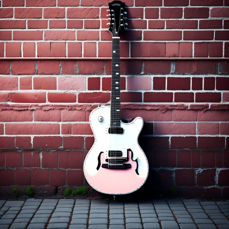 Monochrome Electric Guitar Against Red Brick Wall