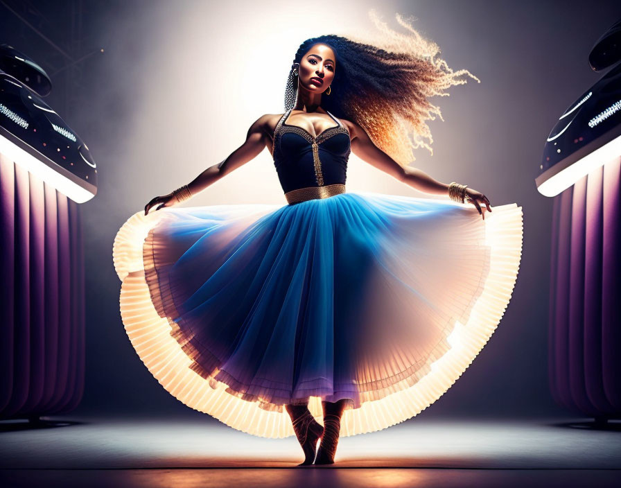 Woman in Blue and Yellow Dress Dancing on Purple-lit Stage