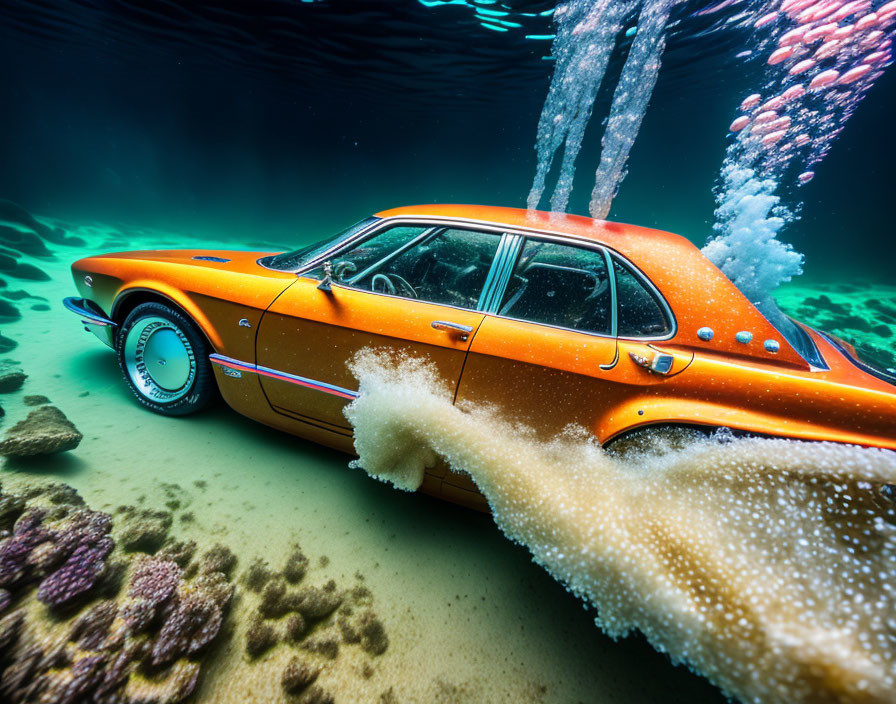 Vintage orange car underwater surrounded by bubbles and marine life