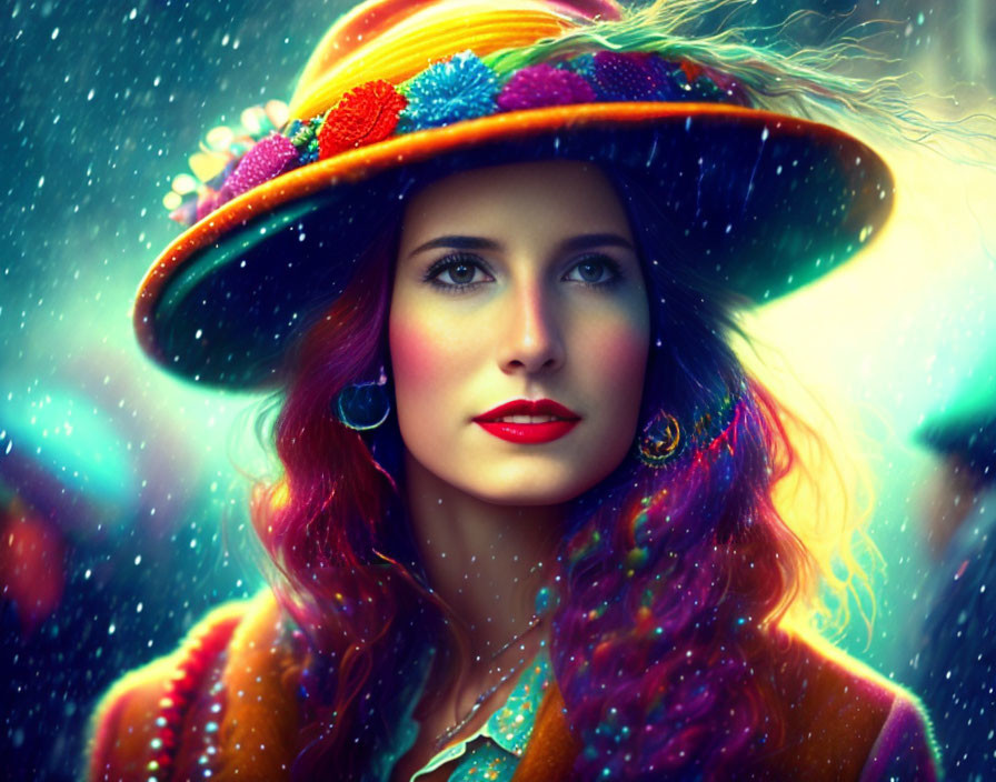 Colorful Hat and Vibrant Makeup Under Glittering Lights