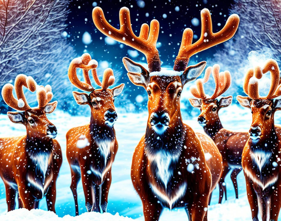 Illustrated reindeer with glowing antlers in snow at night