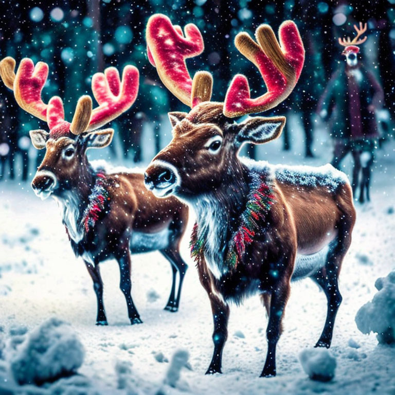 Two festive reindeer with glowing antlers in snowy landscape