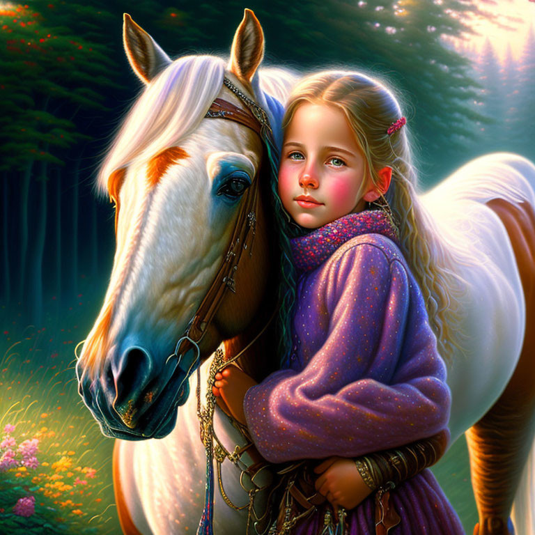 Young girl in purple dress with white horse in sunlit forest clearing