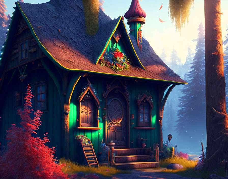 Enchanting Forest Cottage at Dusk with Vibrant Colors