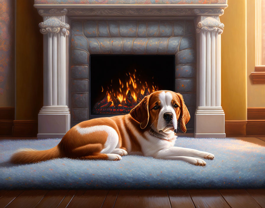 Dog resting on blue rug by fireplace in elegant room