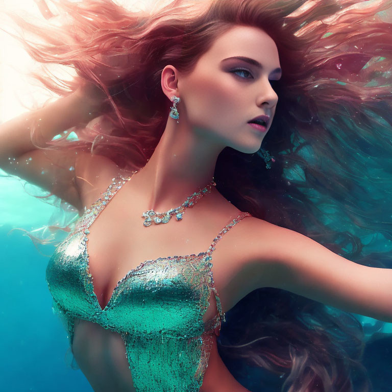 Woman with flowing hair and sparkling jewelry immersed in water