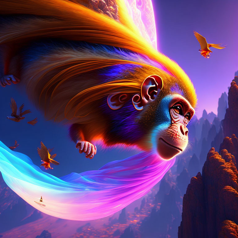 Colorful surreal monkey flying over mountain landscape at sunset