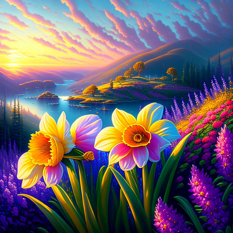 Colorful flowers, serene lake, rolling hills, and sunset sky with clouds