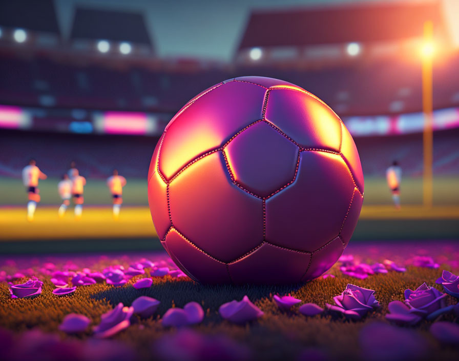 Vibrant purple soccer ball on field with pink petals, players, and stadium lights