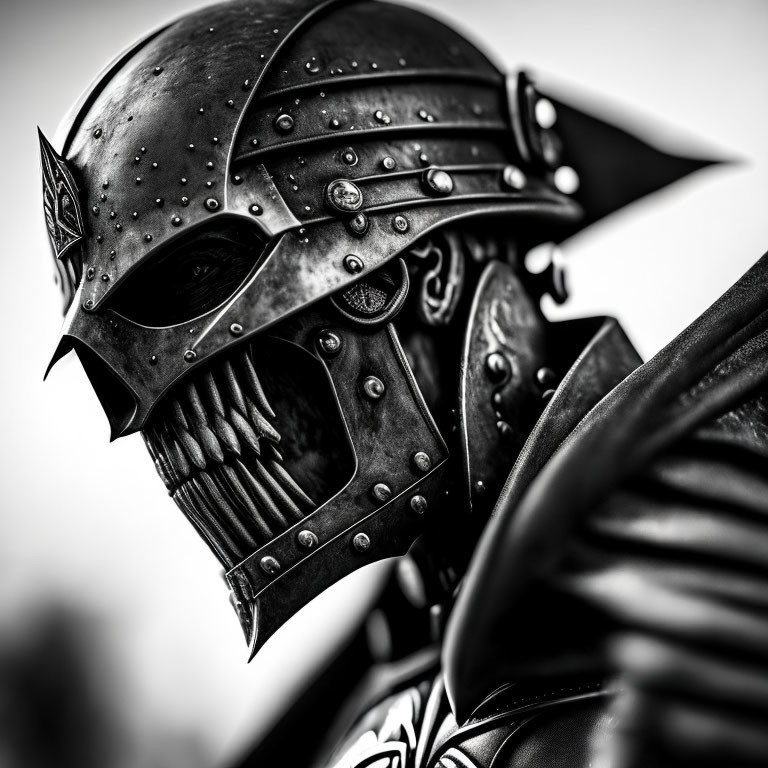 Detailed medieval-style helmet with visor and rivets in monochrome.