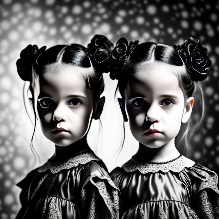 Vintage Twin Girls in Black Dresses with Hair Accessories on Monochrome Background