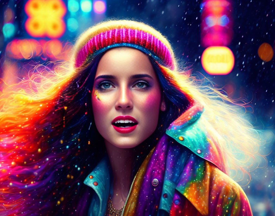 Colorful Hair and Makeup Woman in Neon-Lit Jacket and Beanie at Night