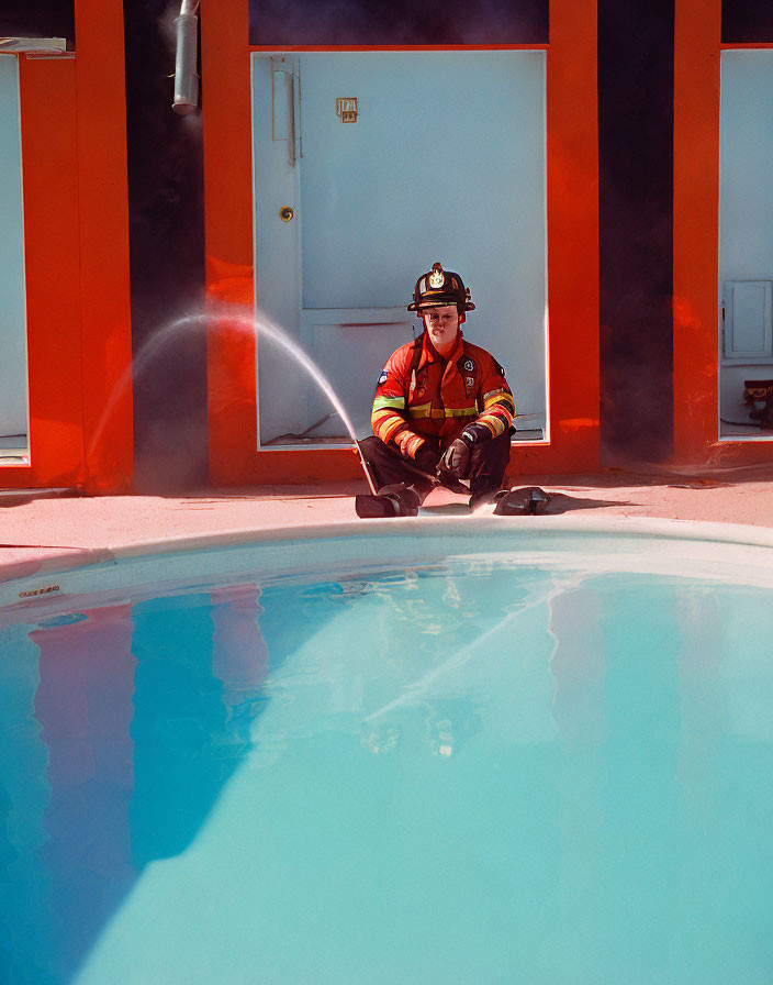 Firefighter in full gear by poolside against vibrant orange backdrop