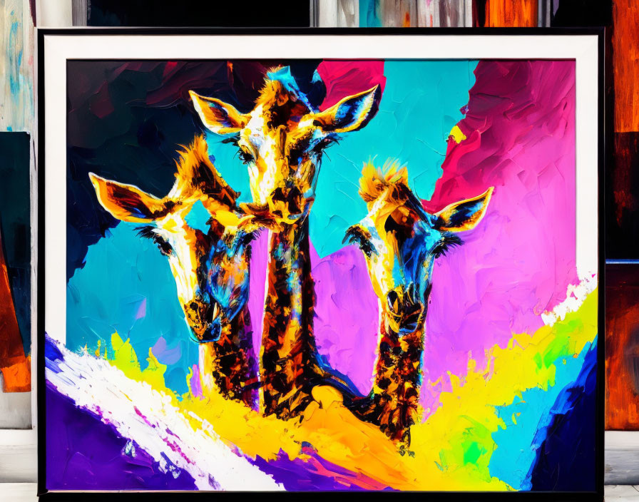 Vibrant abstract painting featuring three giraffe heads