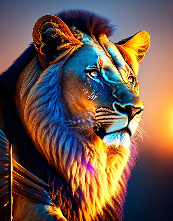 Colorful digital artwork: Majestic lion with blue and orange gradient mane on sunset background