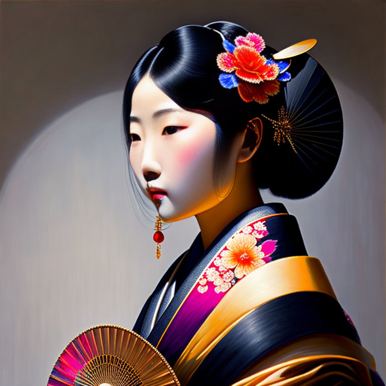 Traditional geisha portrait with kimono and fan