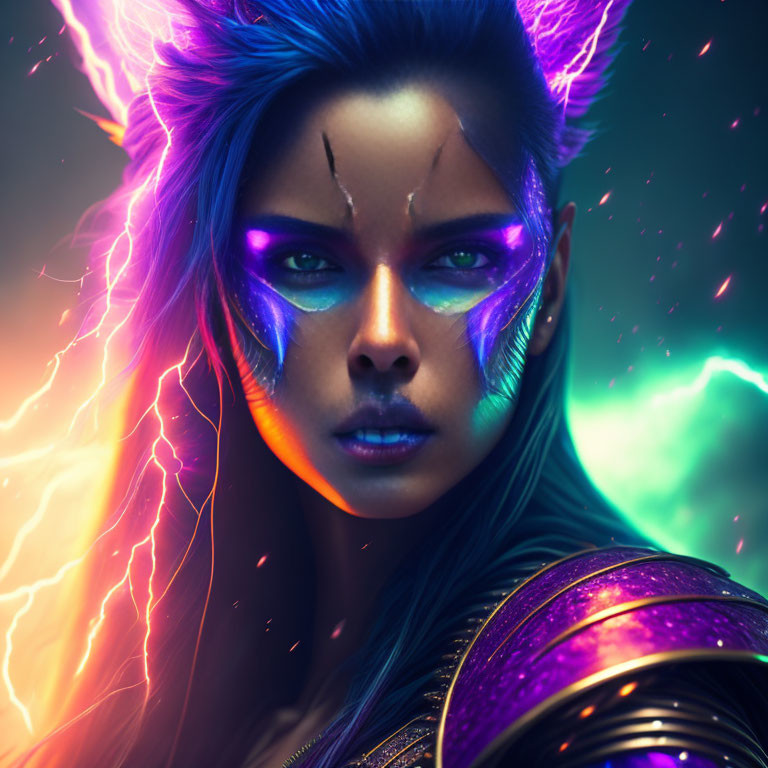 Futuristic female figure with blue and purple face paint and neon hair against electric backdrop