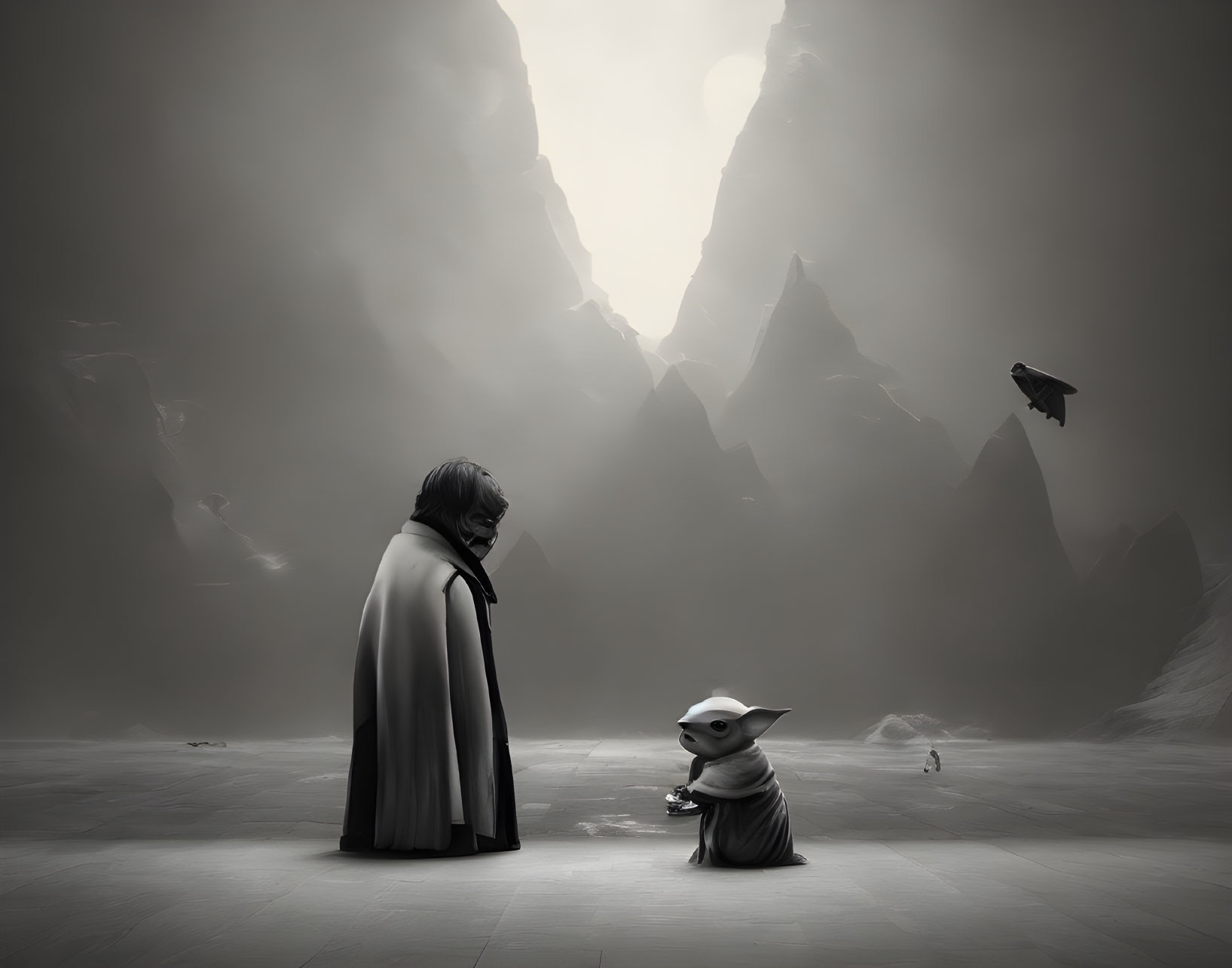 Cloaked figure and Yoda-like character in misty mountain landscape