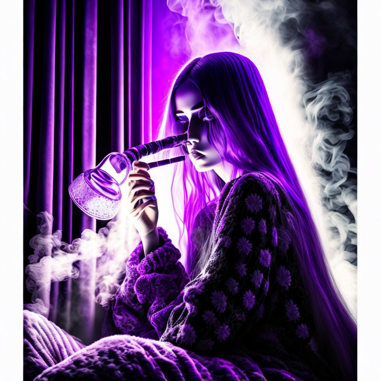 Woman with Long Hair Using Bong in Smoky Purple Setting