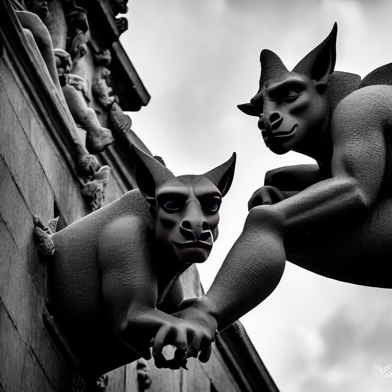 Stone gargoyle statues on building under cloudy sky