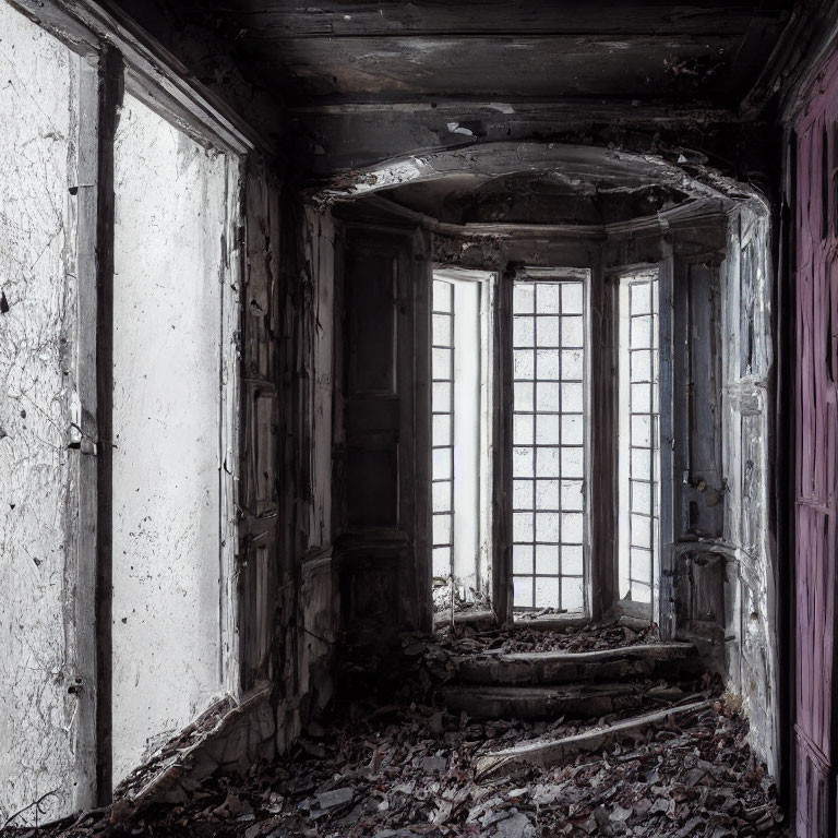 Decayed room with peeling walls and bay window letting in diffused light