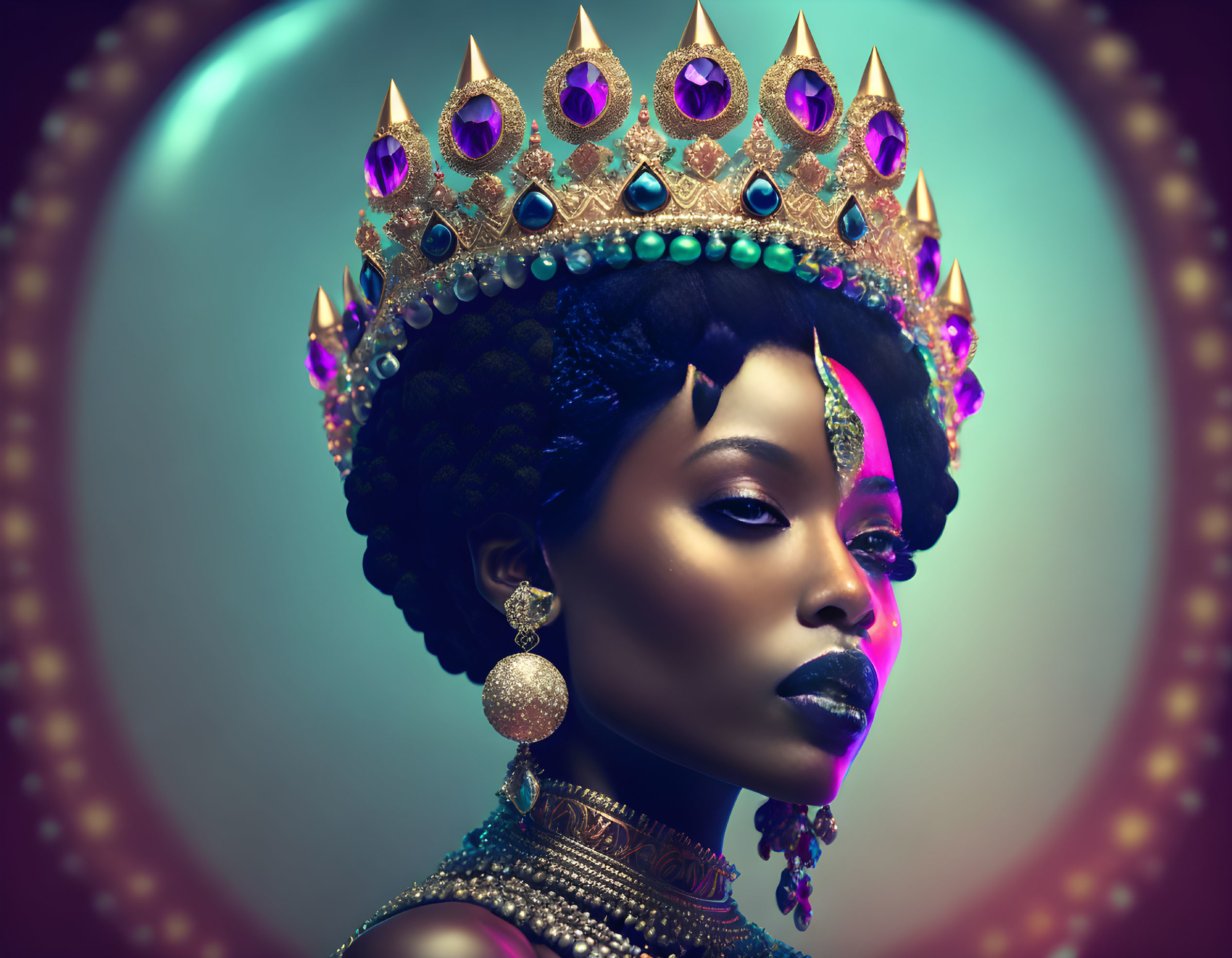 Regal woman with golden crown and luxurious jewelry on teal background.