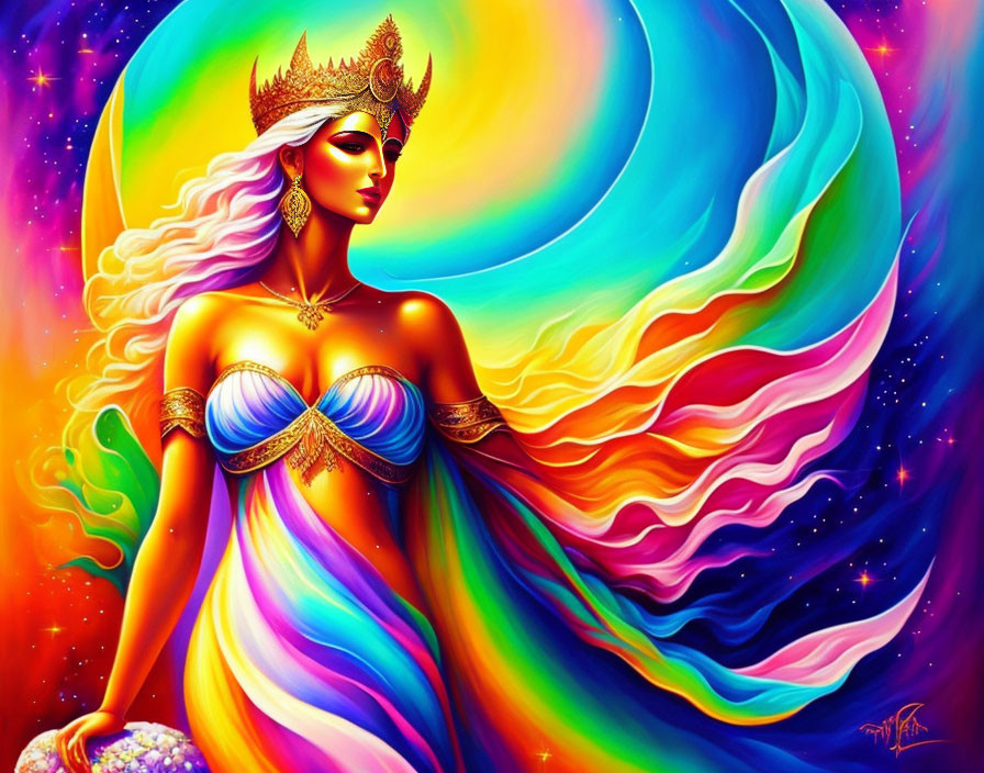 Colorful portrait of regal woman in crown and flowing garments on psychedelic background.