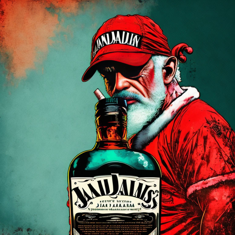 Stylized Santa Claus with "Jaan'jaadyn" red hat and green bottle