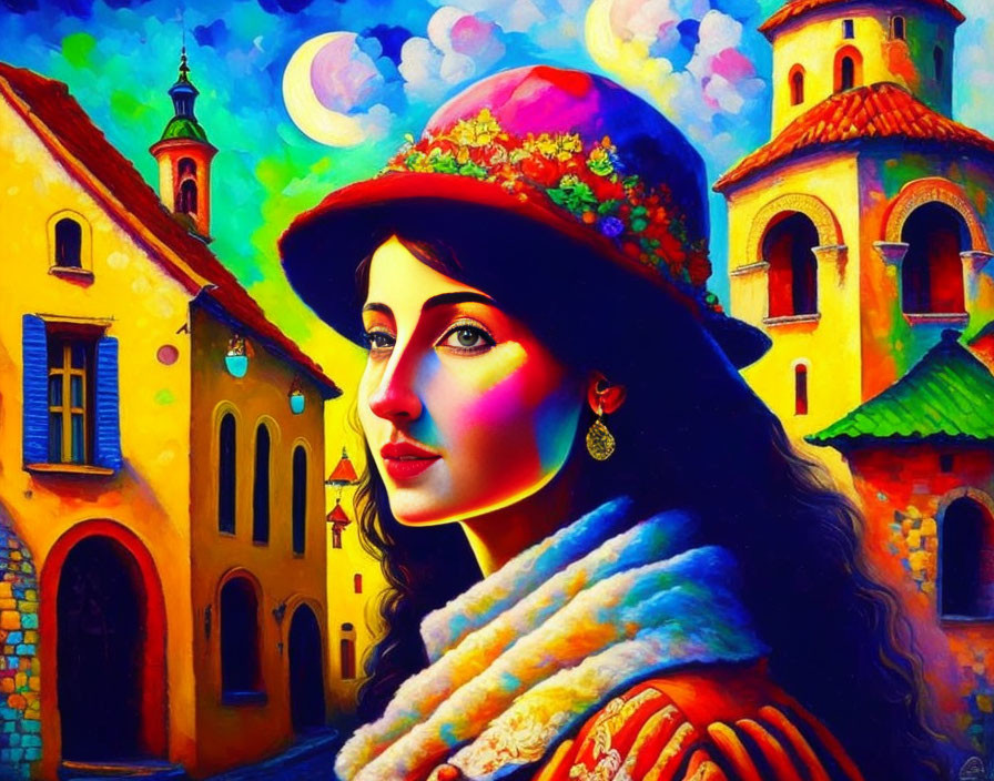 Colorful Illustration: Woman in Decorative Hat with European Village & Celestial Elements