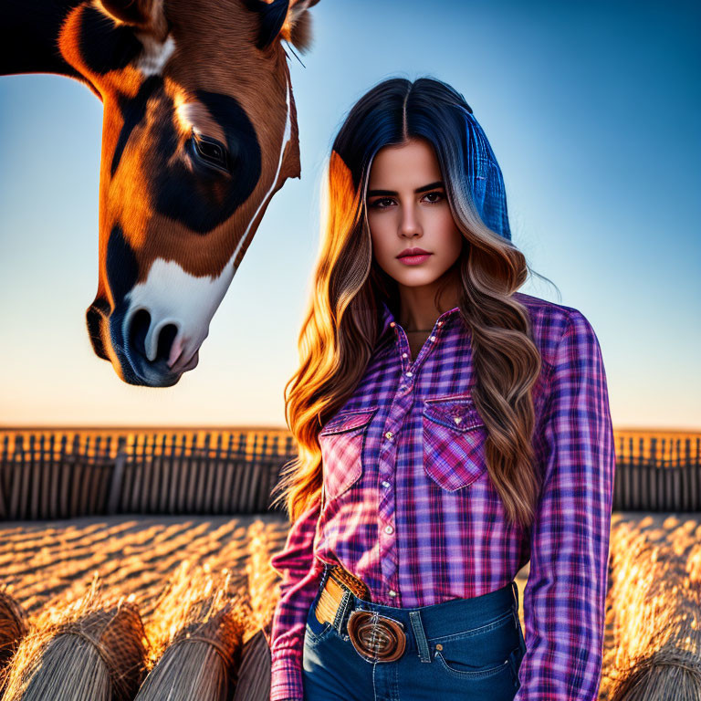 Woman in plaid shirt standing in field with horse at sunset.