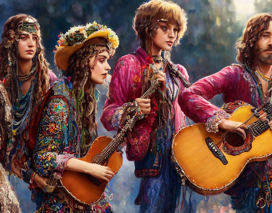 Four individuals in ornate bohemian attire standing together with guitars.