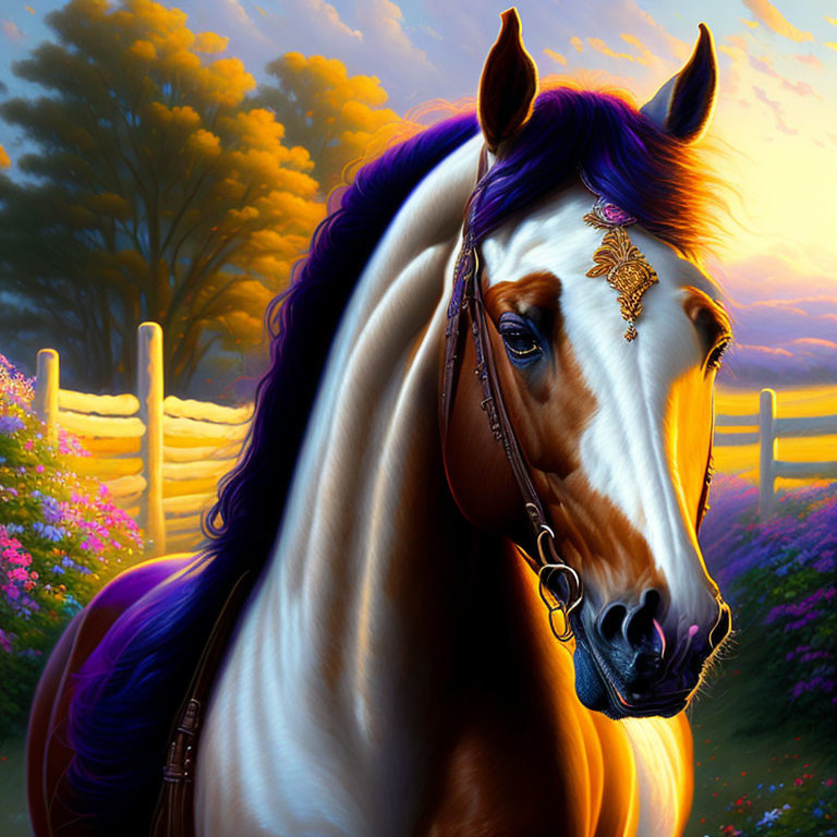 Majestic horse with gold-adorned mane in sunset landscape