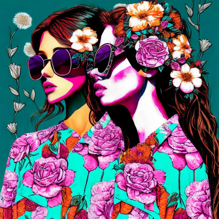 Stylized women with floral headpieces and sunglasses on teal background