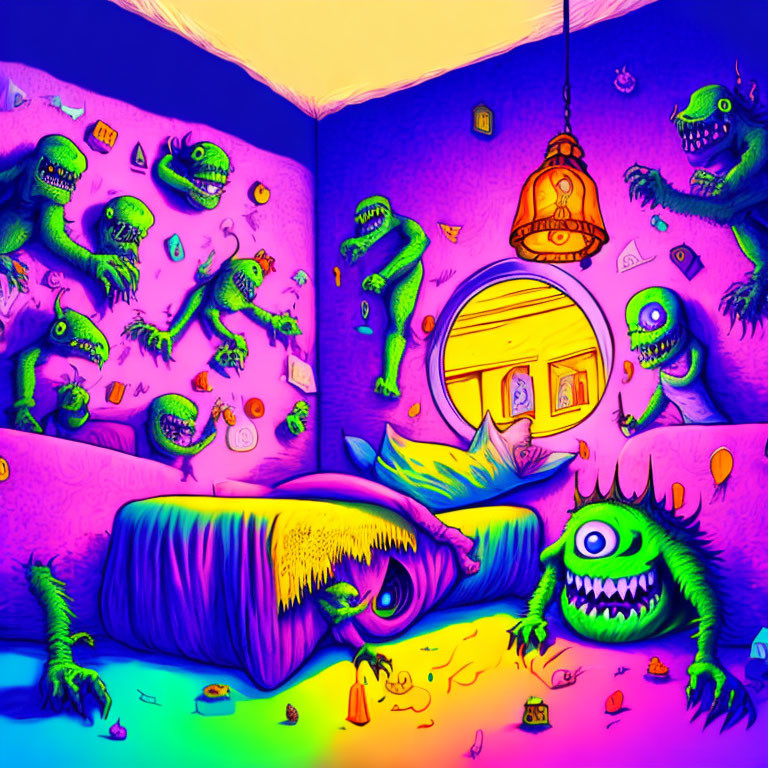 Colorful Cartoon Monsters Party in Bedroom with Neon Lights