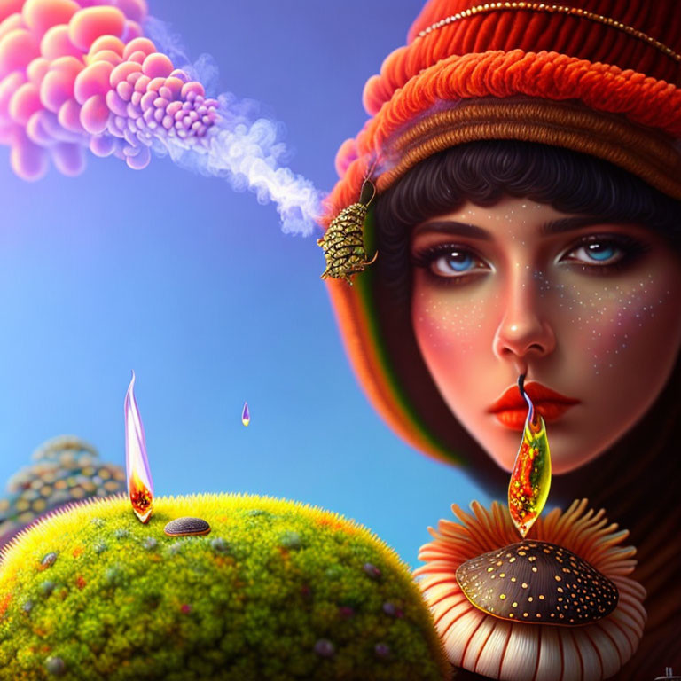 Surreal portrait of woman with large eyes and freckles blowing colorful smoke rings turning into bubbles