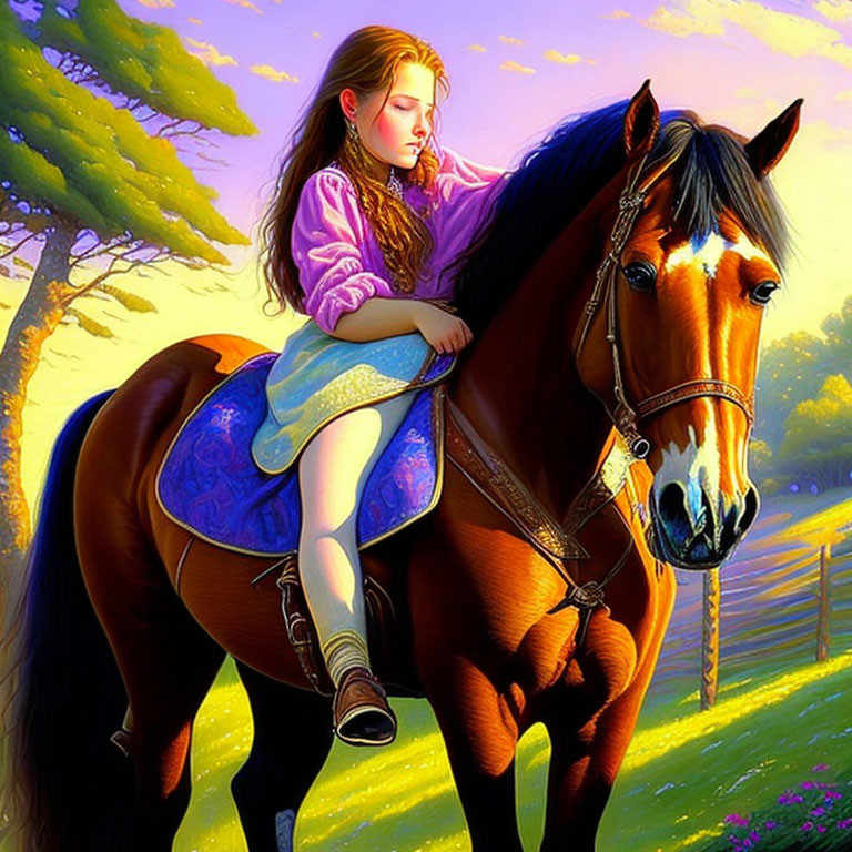 Young girl on horseback in purple top and blue skirt in sunset landscape