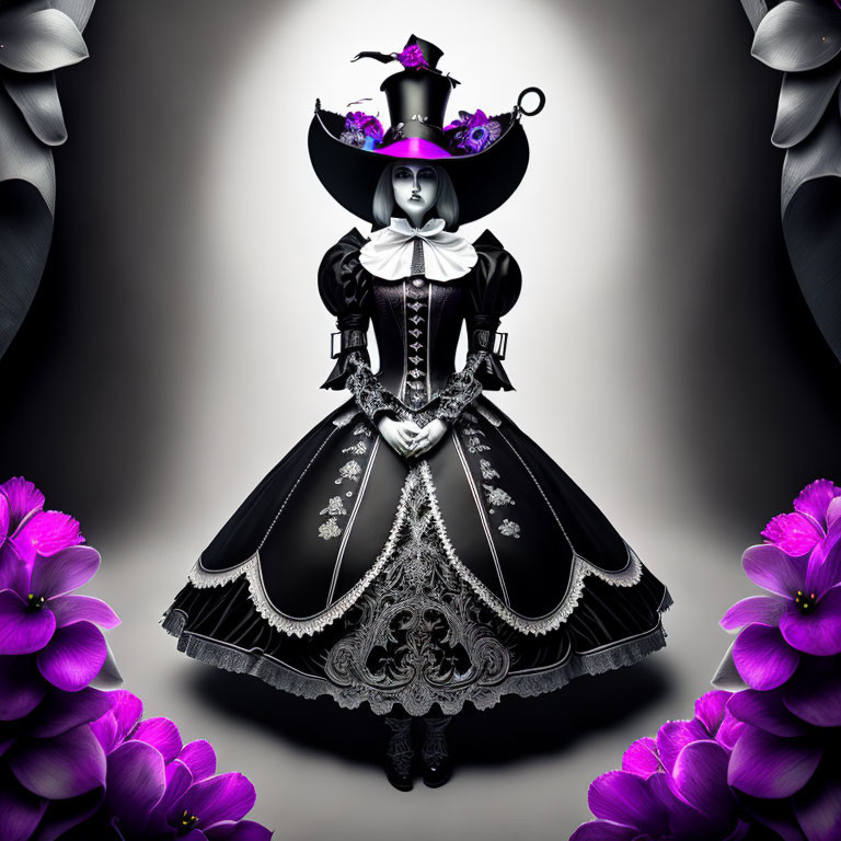 Gothic Lolita Dress with Purple Accents and Oversized Hat Among Flowers