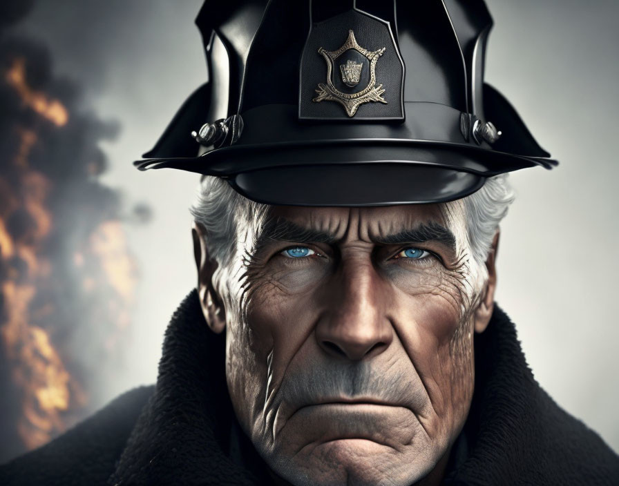 Elderly firefighter in helmet with stern expression at fire