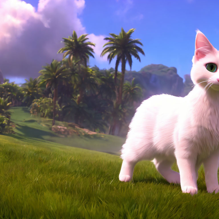 Fluffy white cat with green eyes on grass, palm trees, mountains, blue sky