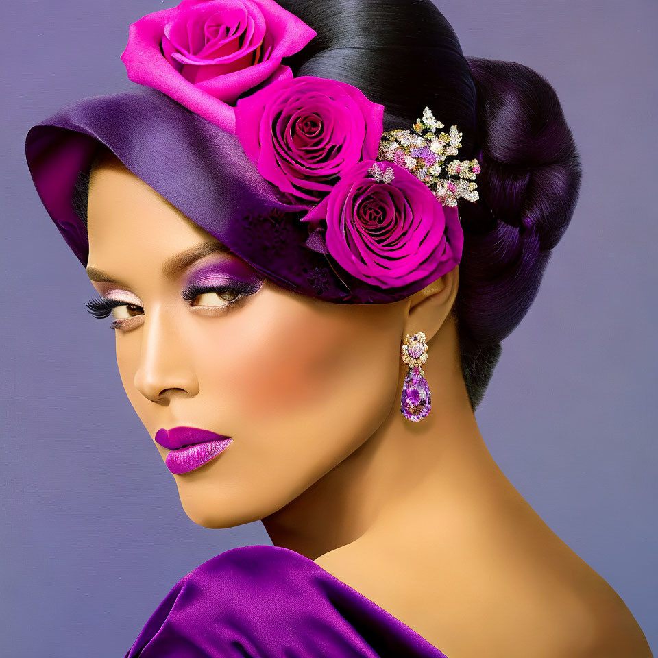 Woman with Glamorous Makeup and Purple Rose-Adorned Hat