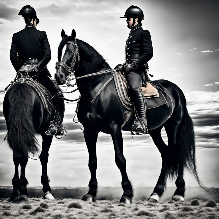 Equestrians in dressage attire on black horses under dramatic sky