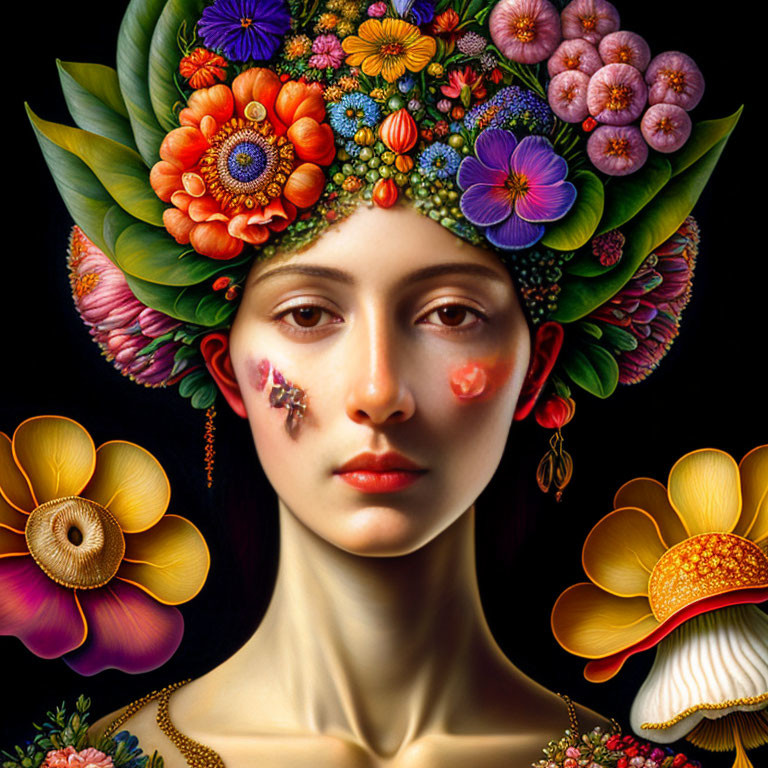 Colorful Woman Portrait with Floral Headdress and Mushroom Earring on Black Background