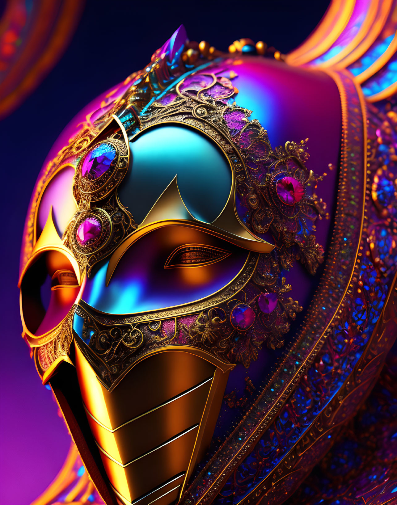 Detailed ornate golden mask with blue and purple hues and gemstones on colorful background